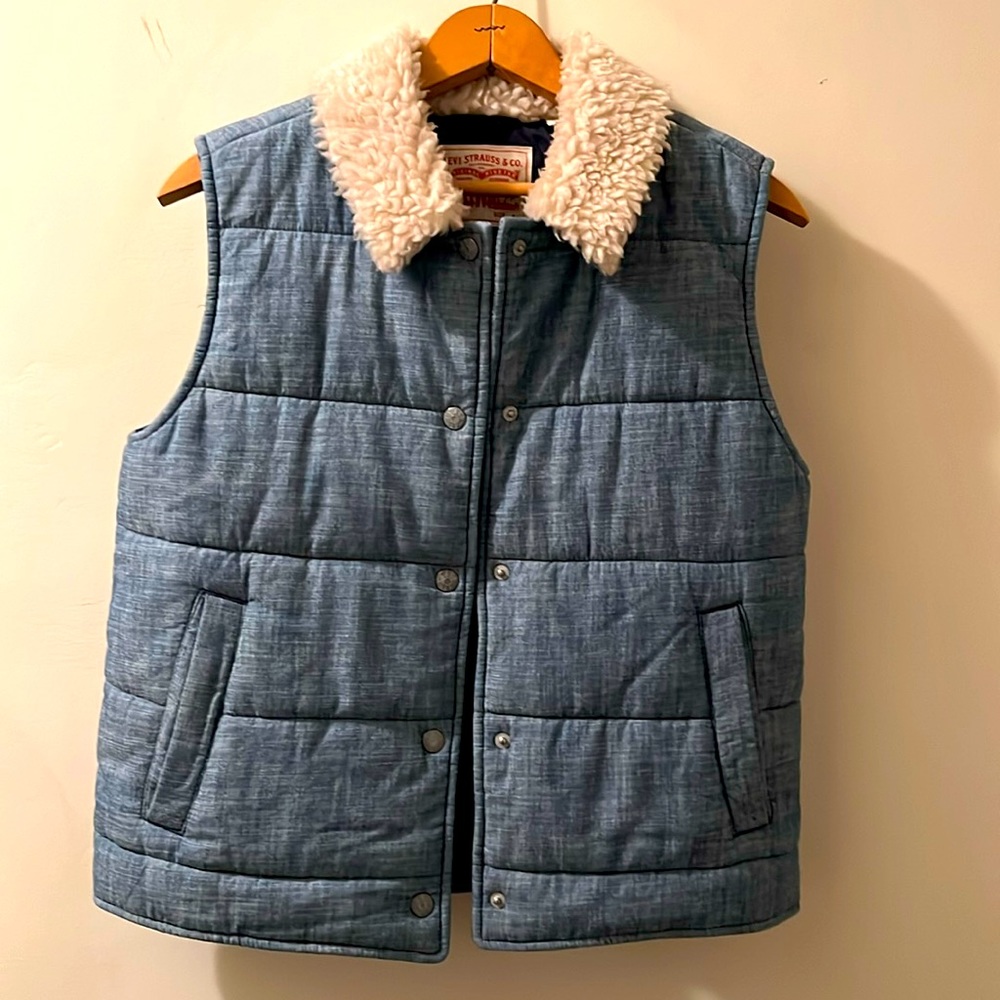 Levi’s Chambray Puffer Vest with Sherpa-lined Collar